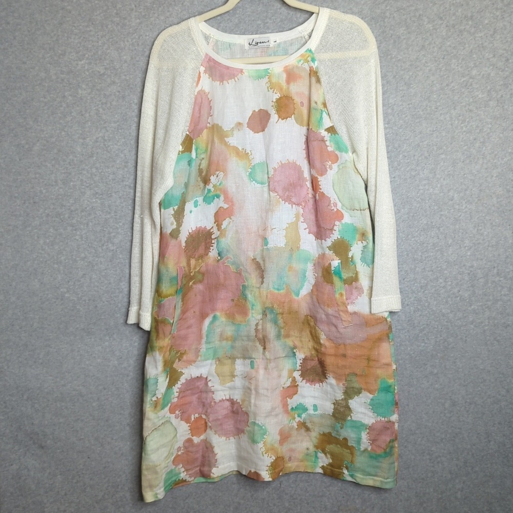iLinen Watercolor Print Linen Dress L Knit Sleeves Long Sleeve Resort‎ Coastal